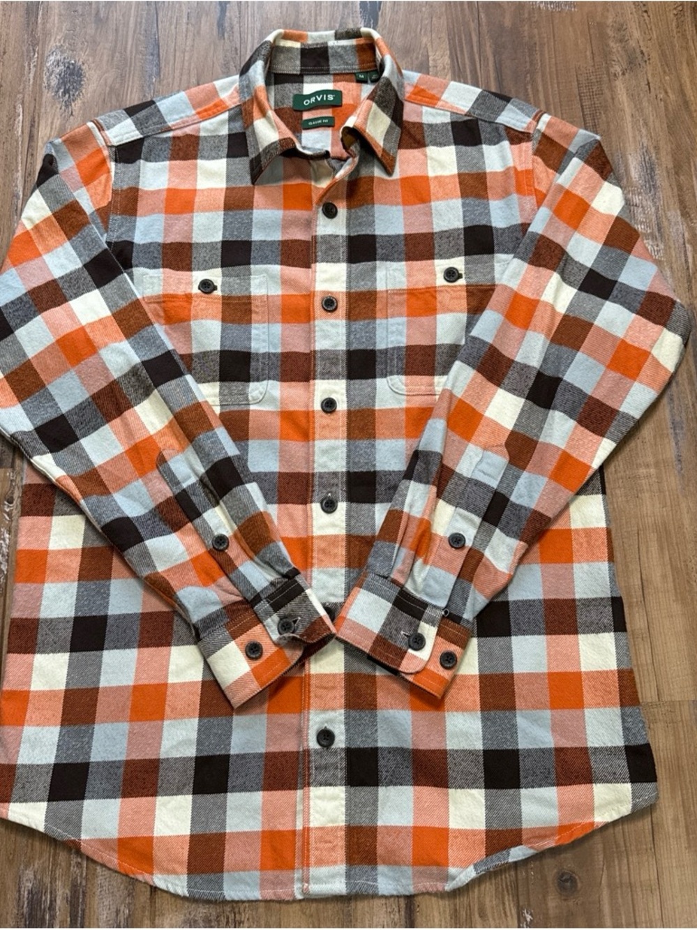 Orvis Men's Orange Plaid Button-Down Flannel Shirt